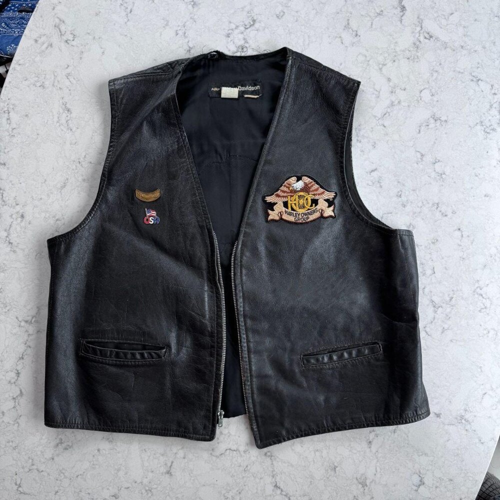 Vintage 1970s AMF Harley-Davidson Leather Biker Vest H.O.G Eagle Back Patch